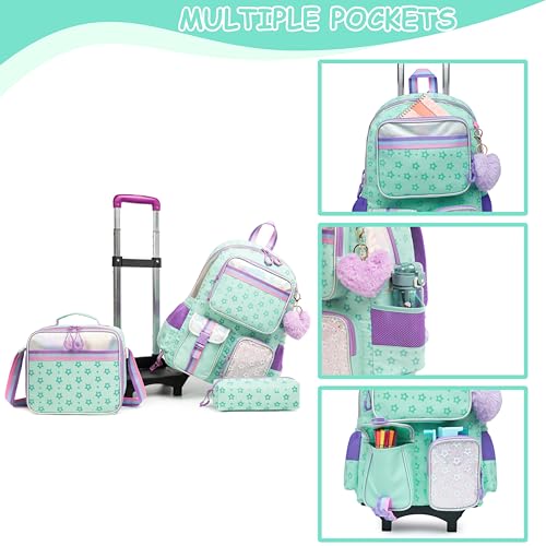 Backpack with Wheels for Girls Rolling Backpack with Lunch Box Pencil Case for Kids Carry On Suitcase with Wheels for Elementary Teens Girls4