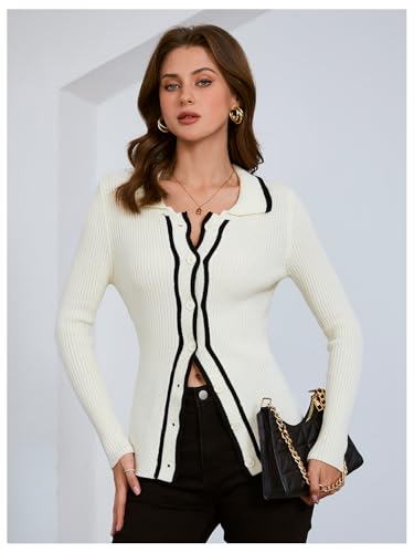 Image of Verdusa Women's Ribbed Knit Button Down Cardigan Collared Fitted Elegant Sweater Outerwear White Medium