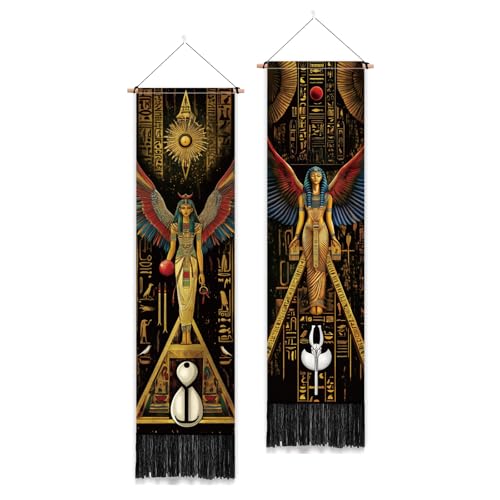 PLIGREAT 2 Pack Egyptian Tapestry with Tassels Ancient Egypt Goddess Art Wall Hanging Vertical Narrow Egypt Civilization Home Wall Tapestry for Bedroom Living Room 52 x 13