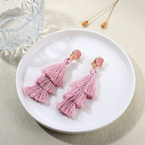 Cassieca Tassel Statement Earrings For Women Clip On Drop Earrings Colorful Bohemian Tiered Tassel Druzy Dangle Drop Earrings Non Piercing Jewelry Birthday Christmas Valentines Day Gift #TOP5