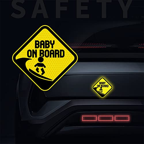 Image of 2PCS Assured Signs Baby On Board Sign Stickers,Reflective Baby Safety Warning Decal for Cars- Bright Yellow, Durable (Surf Baby on Board)