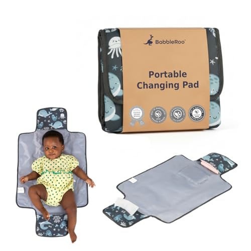 Image of BabbleRoo Baby Changing Pad - Comfortable Portable Changing Pad, Compact, Fits in Any Diaper Bag - Lightweight and Soft with Cute Designs, Convenient Pockets, Extra Head Support - Sea Animals