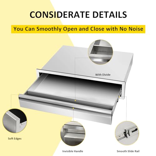 Image of Outdoor Kitchen Drawers 30 inch W x 6.5 inchH x 23 inchD Flush Mount Single BBQ Drawers Built-in Stainless Steel Drawer for Outdoor Kitchen Island, Patio Grill Station