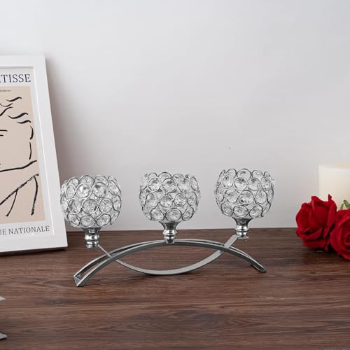 VINCIGANT 3 Arms Silver Candle Holders, Arch Crystal Tealight Candle Stick Holders for Centerpieces, Wedding, Fireplace, Dining Table, Anniversary, Valentine's Day Decorations