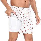 QUGRL Red Hearts White Mens Athletic Shorts with Compression Liner Valentine's Day Men's Quick Dry Casual Beach Shorts for Sports 2025 New Small