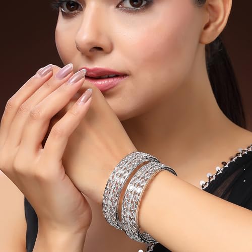 Image of ZENEME Rhodium Plated Silver Toned Oval Shaped White American Diamond Studded Bangles Set Of 2 For Women & Girls