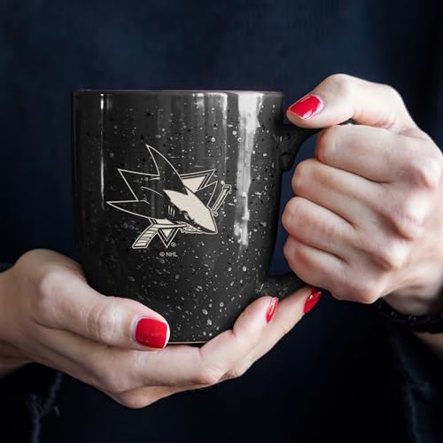 Image of Rico Industries NHL Hockey San Jose Sharks Black Personalized 16 oz Team Color Laser Engraved Speckled Ceramic Coffee Mug