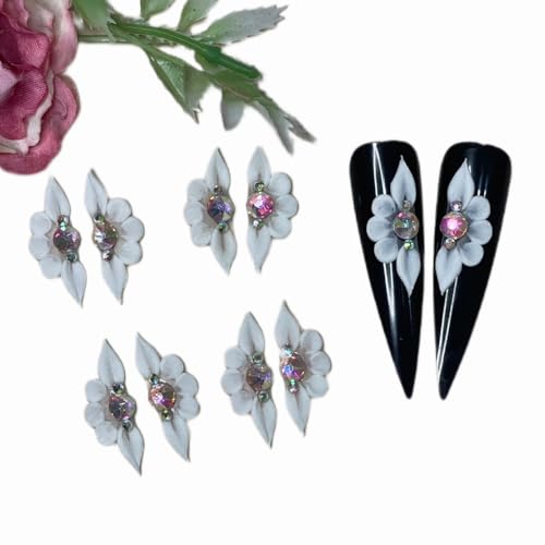 Set 8Pcs 3D Flowers Nails Charms With Rhinestone Gems Handmade by Acrylic Powder Design For Long Nail L,XL,XXL Flower Nail Art Floral Salon Decor Women Girls (White 3 Rhinestones-8Pcs)
