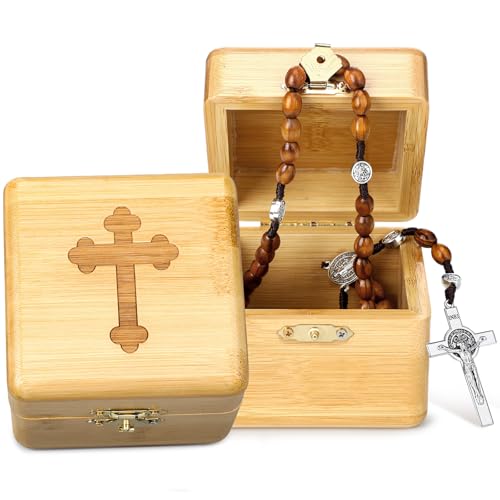 Olive Wood Rosary With Box Jerusalem Blessed Gift Religion From The Holy Land Dangling Cross Pendant & Traditional Cord For Men And Women Catholic Necklace St Saint Benedict Medal Crucifix