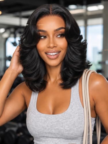 Image of KLAIYI Layered Blowout Bob Wavy Pre Cut 7x5 Lace Front Wigs Human Hair 14 inch