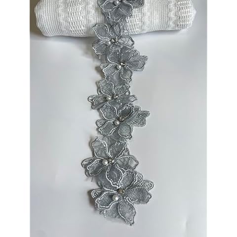 2 Yards 3D Pearl Beads Flower Lace Trim Ribbon Floral Applique Embroidered Lace Fabric for Sewing DIY Crafts (Grey) Cover
