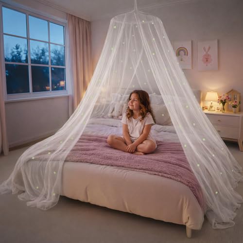 Image of Bollepo Bed Canopy for Girls Bed with Glowing Stars - Princess Room Decor, Ceiling Net to Cover Toddler | Full, Twin Size Kids Bed, Fire Retardant Fabric (White - Stars)