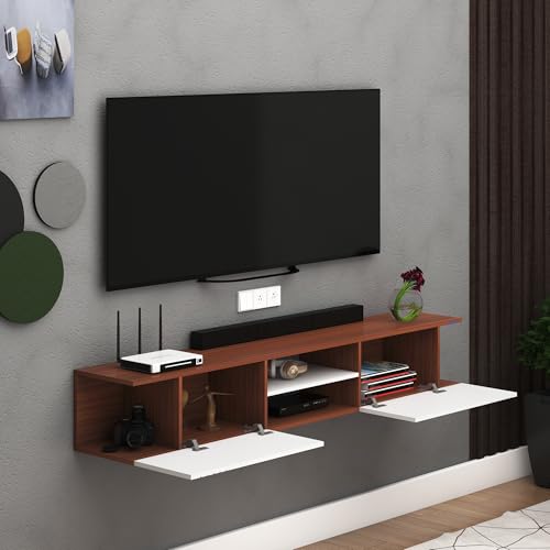 Image of Anikaa Nimbus Wall Mount TV Unit Cabinet | Modern Entertainment Center with Storage, Drawers, Shelves & Soft-Close Doors | Stylish Floating TV Stand for Up to 50 inch TVs - Walnut /White (DIY Installation)