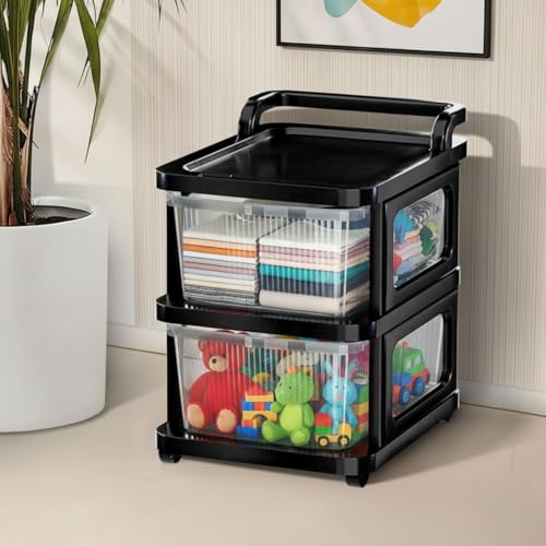 Aliensware 2Layer Plastic Storage Drawer Organizer with Wheels, Modular Cabinet for Home, Office, School, Hospital, Parlor, Morden Kitchen,Clothes, Toys Organiser for Kids Room-Aliens-Clear Black