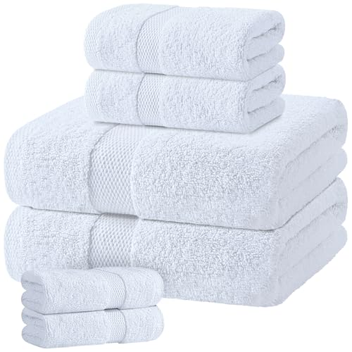 White Bath Towel Set of 6 - 100% Cotton Highly Absorbent Towels for Bathroom 2 Luxury Bath Towels 650GSM 2 Hand Towels 2 Washcloths