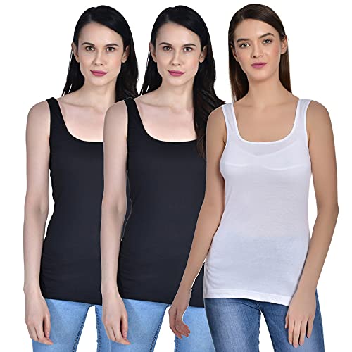 Image of Women's Regular Fit Sleeveless Cotton Long Camisole Slip Spaghetti Combo Pack of 3