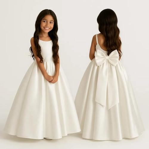 Elegant Satin Flower Girl Dresses for Wedding Floor Length Bow-Knot A-Line Princess Pageant Formal Gown4