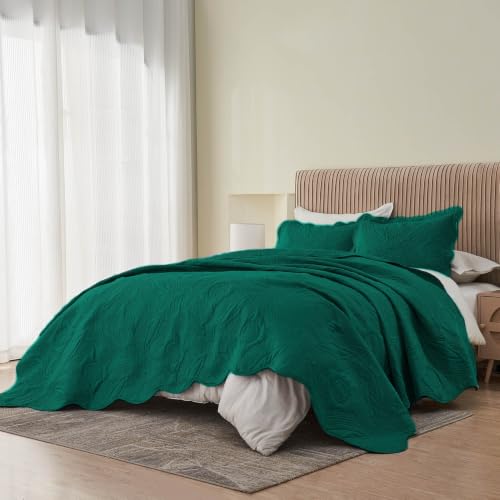 Image of Kingnex Oversized King Bedspreads 128x120 for Extra Wide Tall King or Cal King Bed Ultrasonic Quilted Coverlet Set 3 Piece Include 1 Quilt 2 Pillowcases Rain Forest Green