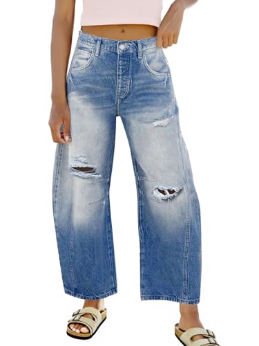 Tankaneo Womens Ripped Barrel Jeans Baggy Boyfriend Horseshoe Mid Rise Wide Leg Vintage Cropped Denim Pants