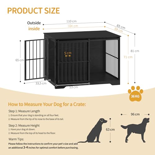 Hzuaneri Hundekäfig Möbel, 110cm Hundebox, 2 Türen, Moderne Hundekäfig Indoor für kleine/mittlere/große Hunde, Beistelltisch, Verstärkte Schiebetür, 110 × 65 × 81 cm, Schwarz DFC84404B