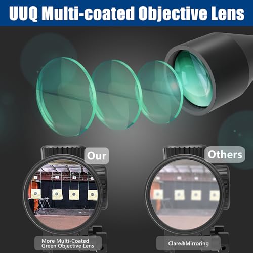 UUQ VibeShield Rifle Scope with Mil-dot Reticle - Shockproof SFP Optics for Hunting and Airsoft, Fit Large Caliber & High Recoil Guns, FMC Green Lens, 1-Inch Tube, Includes 20mm Mounts