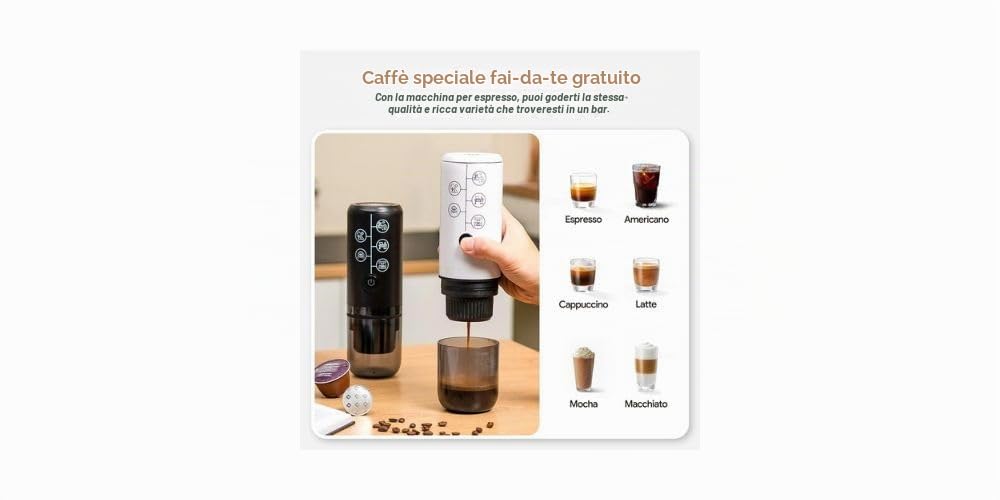 Macchina da Caffè Espresso Portatile da Viaggio, Nera, 17 Bar, Compatibile con Nespresso Capsule e Caffè Macinato, Ricarica USB-C