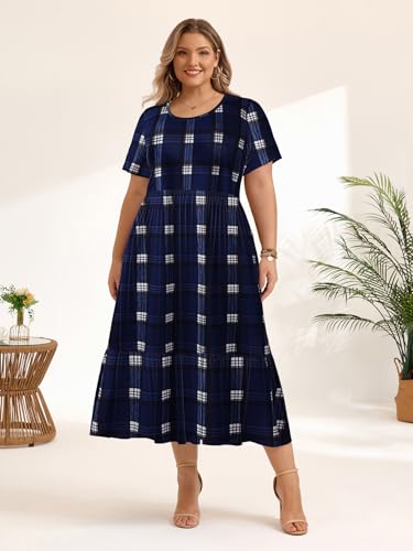 Image of LARACE Plus Size Dresses for Women Summer Casual Short Sleeve Long Dress Flowy Maxi Beach Dresses with Pockets L-6XL