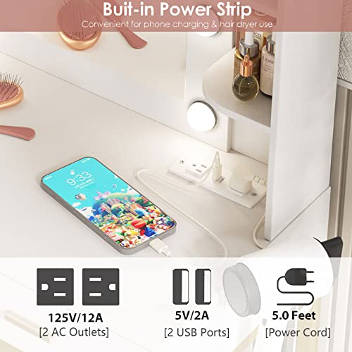 Vabches Vanity Desk with Mirror and Lights, with Charging Station,Makeup Vanity Table Set with Lighted Mirror, with 3 Lighting Modes and 2 Drawers&Cushioned Stool for Bedroom - Thumbnail 3