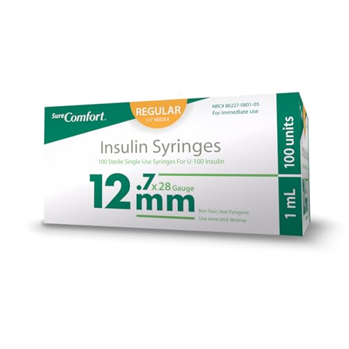 Image of SureComfort U-100 Insulin Syringes 28G x 1 /2 inch 1cc (12.7mm), Quality Disposable Syringes for Diabetes Care, Box of 100