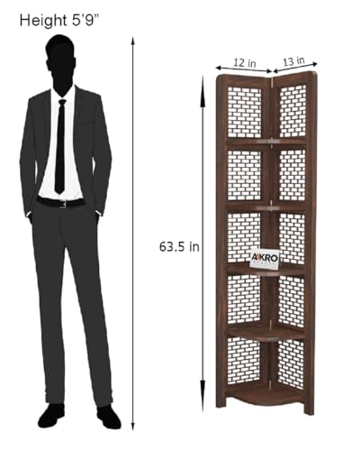 Image of Sheesham Wood Brick Corner Shelf for Living Room Bedroom Home | CNC 5 Tier Corner Bookshelf | Wooden Ladder Bookcase Display Unit (Walnut Finish)