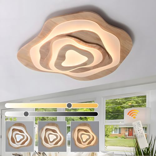 Plafonnier LED Bois 80cm dimmable avec télécommande pour grand salon modernisé