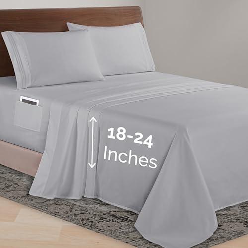Elegant Comfort Luxurious 1500 Premium Hotel Quality Microfiber 4-Piece Sheet Set, 18-24 Inches Deep - Extra Deep Pocket Sheets - Ultra Soft 4PC Deep Pocket Sheets, California King, Silver Gray
