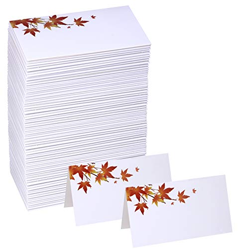 Winlyn 100 Pcs Table Name Number Tented Place Cards with Fall Maple Leaves Blank Seating Assignment Cards Escort Cards Greeting Cards Bulk 3.5