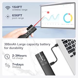 Norwii N99 Wireless Presenter con Air Mouse, Hyperlink ricaricabile Controllo del volume Presentazione Clicker PowerPoint Telecomando Clicker per laptop 2.4GHz (Nero)