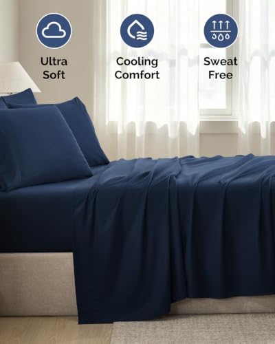 Image of Queen 6 Piece Bed Sheet Set - Soft, Breathable & Cooling Sheets - Dark Blue