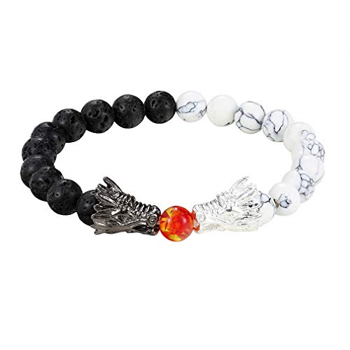JAKVILJEC Black and White Beads Bracelet Natural Stone Black Lava Bead Two Dragon Play One Ball Men Bracelet 3