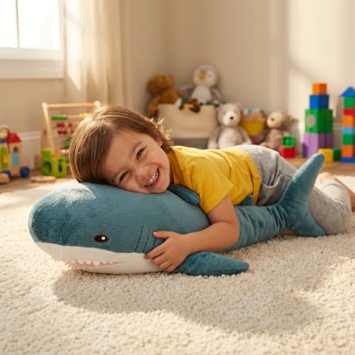 Image of 31.4 inch Blue Giant Shark Plush Pillow, Super Soft Toy | Cute blue shark-shaped pillow for kids' room decor. Soft plush toy for cuddling and play.