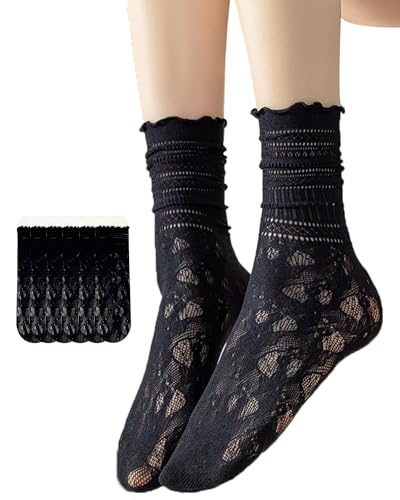 Image of Womens Lace Ankle Socks Mesh Lace Loose Socks Cute Casual Solid Color Princess Socks Sheer Dress Socks 6 Pairs 4-9