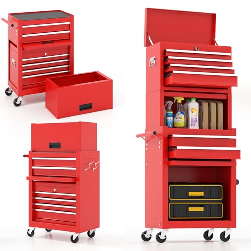 CHEFJOY Tool Chest, 5-Drawer Rolling Tool Storage Cabinet w/Auto Locking System & Lockable Wheels, Detachable Top Tool Box, Metal Tool Cart for Warehouse Garage Workshop Barbershop Repair Shop, Red
