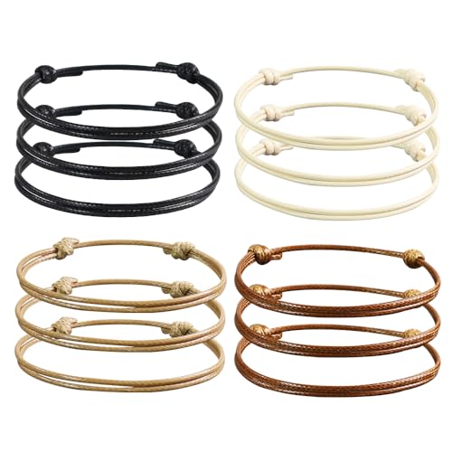 Anjiucc 12 Pcs Wax Rope Bracelet Cord Adjustable Knotted Handmade Craft Choker Nylon Bracelet, 5.9-11 Inches