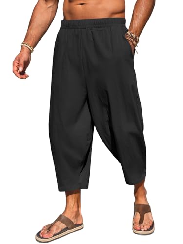 Runcati Mens Cotton Harem Capri Pants Yoga Beach Baggy 3/4 Shorts Pants Casual Elastic Waist Hippie Boho Pants
