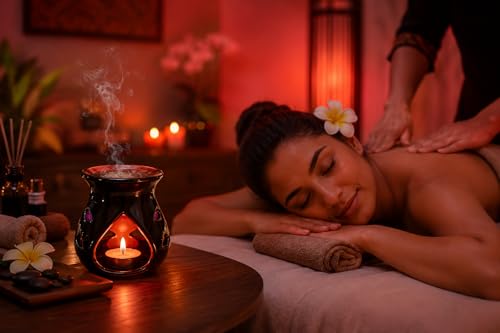Image of Pure Source India Ceramic Aroma Oil Burner Set Includes 4 Multicolor Burners and 4 tealight Candles. Perfect for Aromatherapy, Home Fragrance, spa, Hotel, Office & Meditation etc