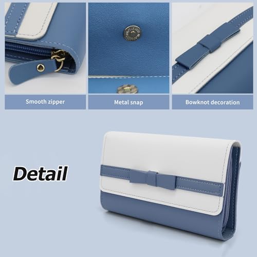 Women Wallets, PU Leather Long Trifold Wallet with Bowknot, Large Capacity Clutch Wallet with Multi Card Slots (Blue)3