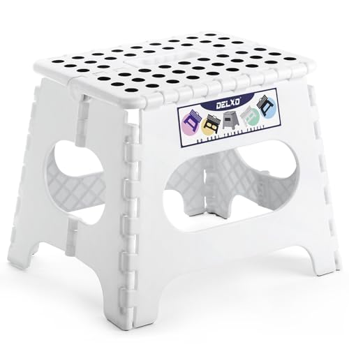 Image of Delxo Folding Step Stool,11 Inch Non-Slip Foldable Step Stools for Kids and Adults,Portable Foldable Step Stool Lightweight Small Folding Stool with Handle for Kitchen Bathroom in White,1 Pack