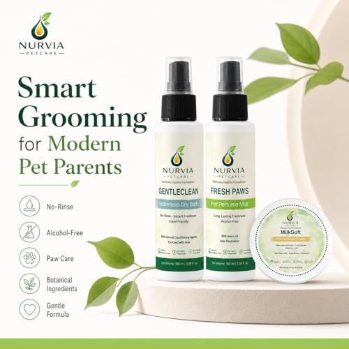 Image of Waterless Dog Grooming Kit by Nurvia Petcare | Dry Bath Spray + Perfume Mist + Paw Balm | Lemon Eucalyptus Aloe Vera Goat Milk | No Water No Rinse Travel-Friendly 3-in-1 | 100ml +100 ml + 15gm