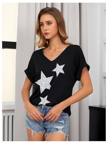 SweatyRocks Women's V Neck Dolman Short Sleeve Star Print Tee Shirts Summer Tops3