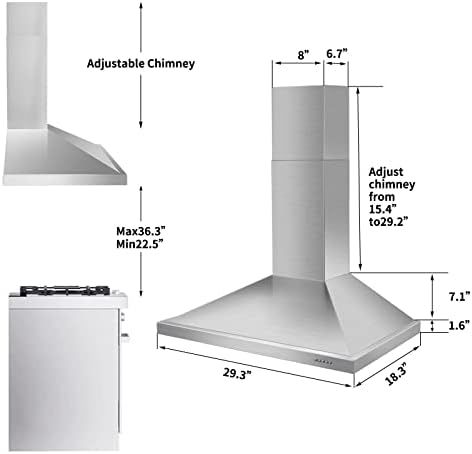 Tieasy Wall Mount Range Hood 30 inch with Ducted/Ductless Convertible Duct, Stainless Steel Chimney-Style Over Stove Vent Hood with LED Light, 3 Speed Exhaust Fan, 450 CFM — view 6