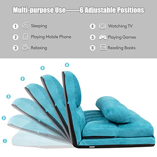 Giantex Adjustable Floor Sofa, Foldable Lazy Sofa Sleeper Bed 6-Position Adjustable, Suede Cloth Cover, Floor Gaming Sofa Couch With 2 Pillows For Bedroom/Living Room/Balcony (Blue) #TOP2