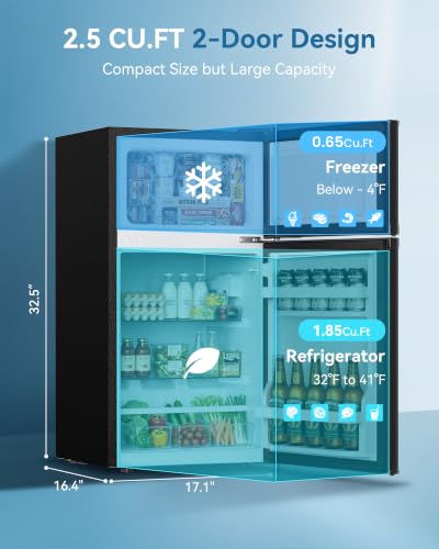 Image of Feelfunn 2.5 Cu.Ft Mini Fridge with Freezer, 2 Door Dorm Fridge, Black