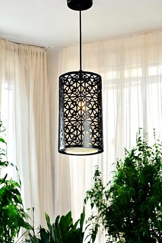 Image of Prop It Up Decorative Iron Pendant Light, 16 cm Diameter, Geometric Pattern, Black, Without Bulb